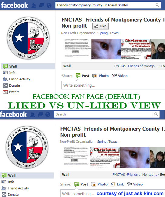 Image showing the difference between the default facebook page layout with button present and the button missing (correctly) after its been clicked