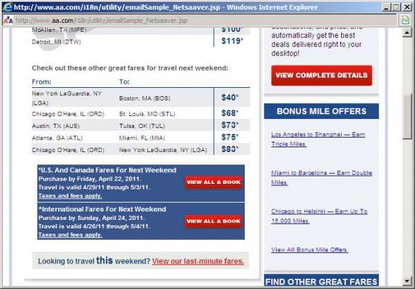 American Airlines email calls to action
