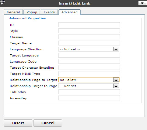 Screenshot of the Tiny MCE Advanced tab in the Insert Link Popup In WordPress