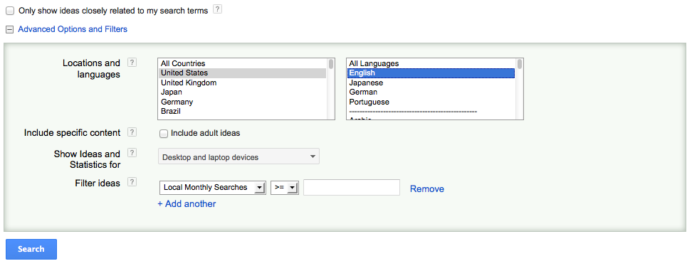 Google Keyword Tool options