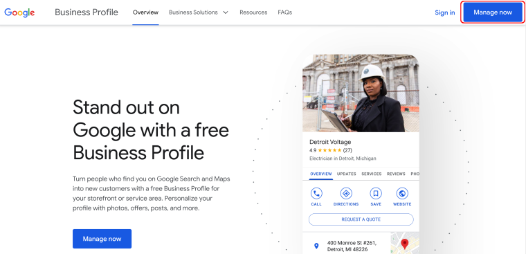 Listing your business on Google: Screenshot of "Manage Now"
