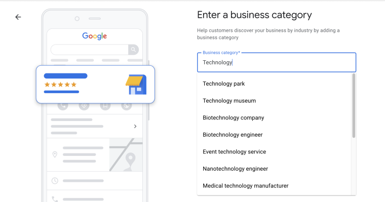 listing your business on Google: Screenshot of business category