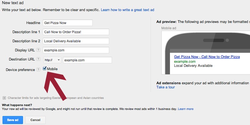 Travel marketing tips screenshot of making ad mobile preferred in AdWords