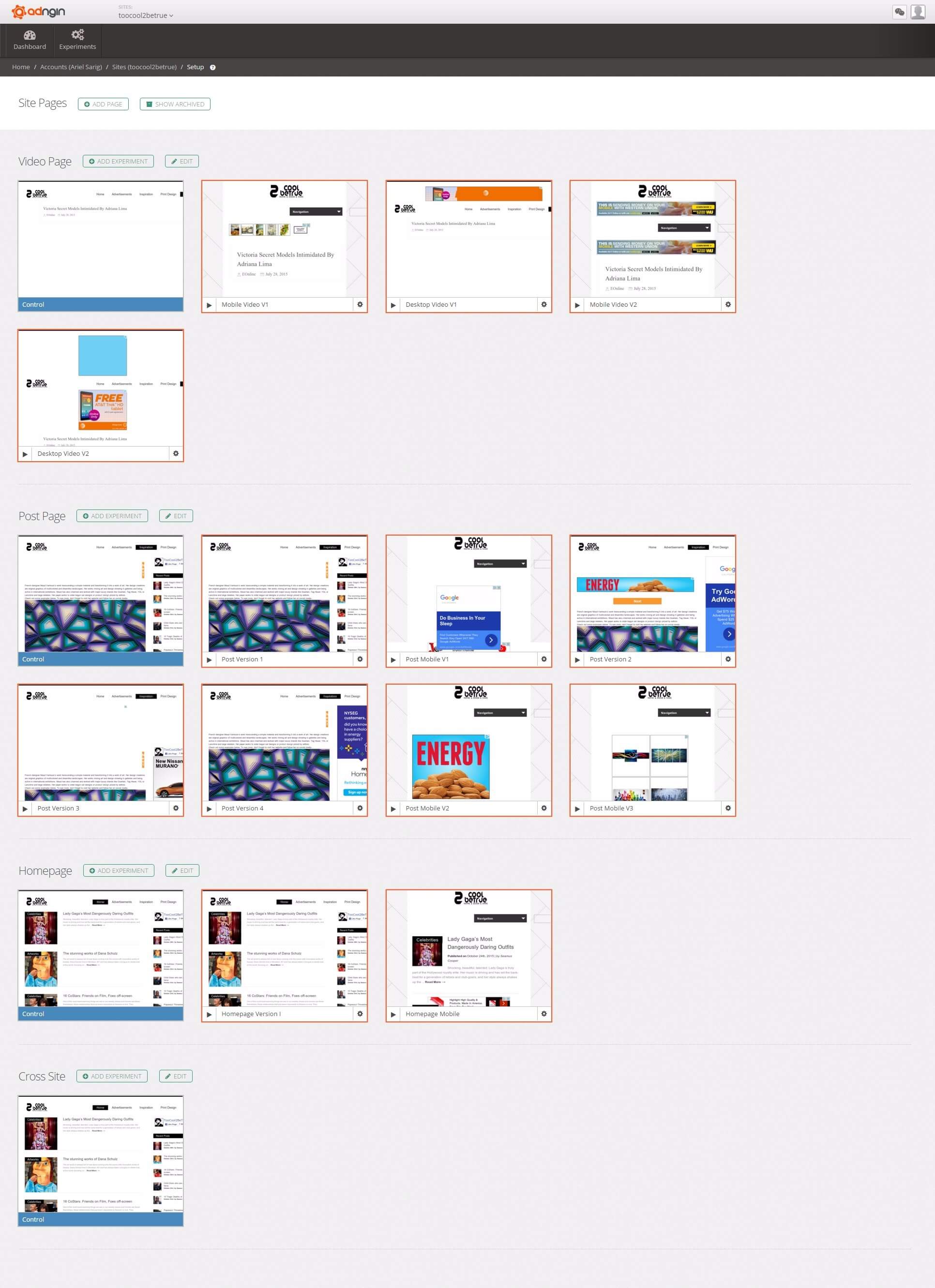 experiments page screenshot