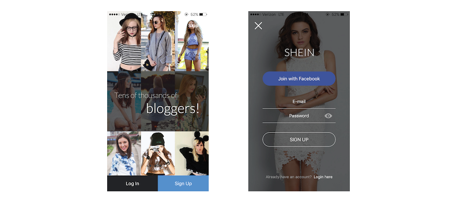 shein fashion ecommerce mobile marketing personalization example signup 2