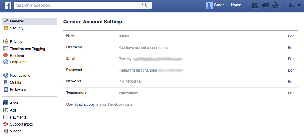 General Account Settings Facebook