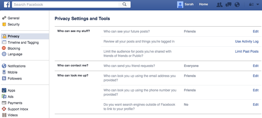 Facebook Privacy Settings and Tools Tab