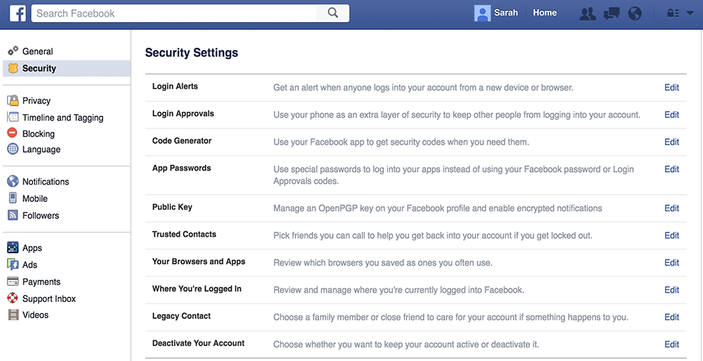 SECURITY SETTINGS FACEBOOK