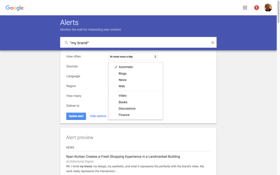 how to set up google alerts sources