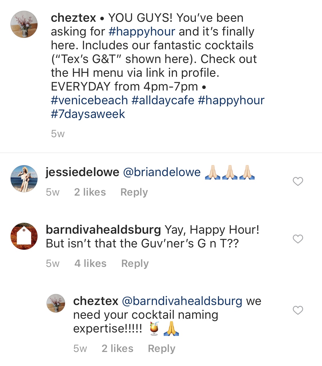 chez text restaurant IG comments