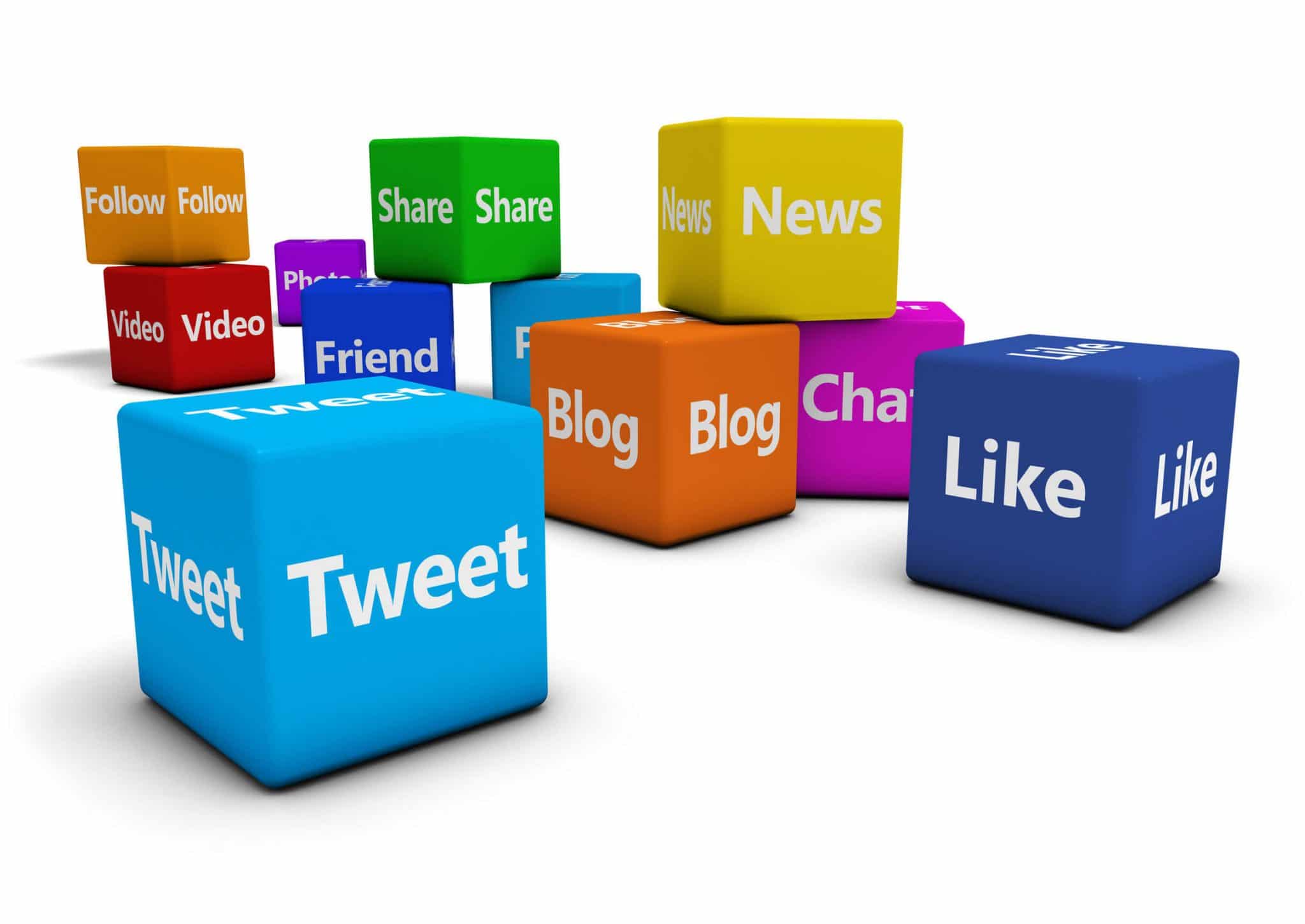A picture of cubes with these words written on them: Tweet, Blog, Like, News, Share
