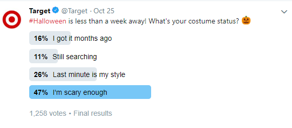 Target asks customers to participate in a fun survey asking what their customers Halloween costume status is.