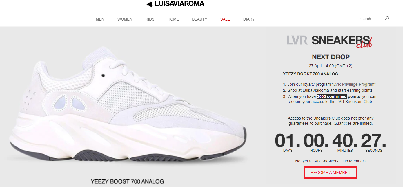 The Sneakers Club of LuisaViaRoma is one of the 5 customer loyalty program tips for online stores