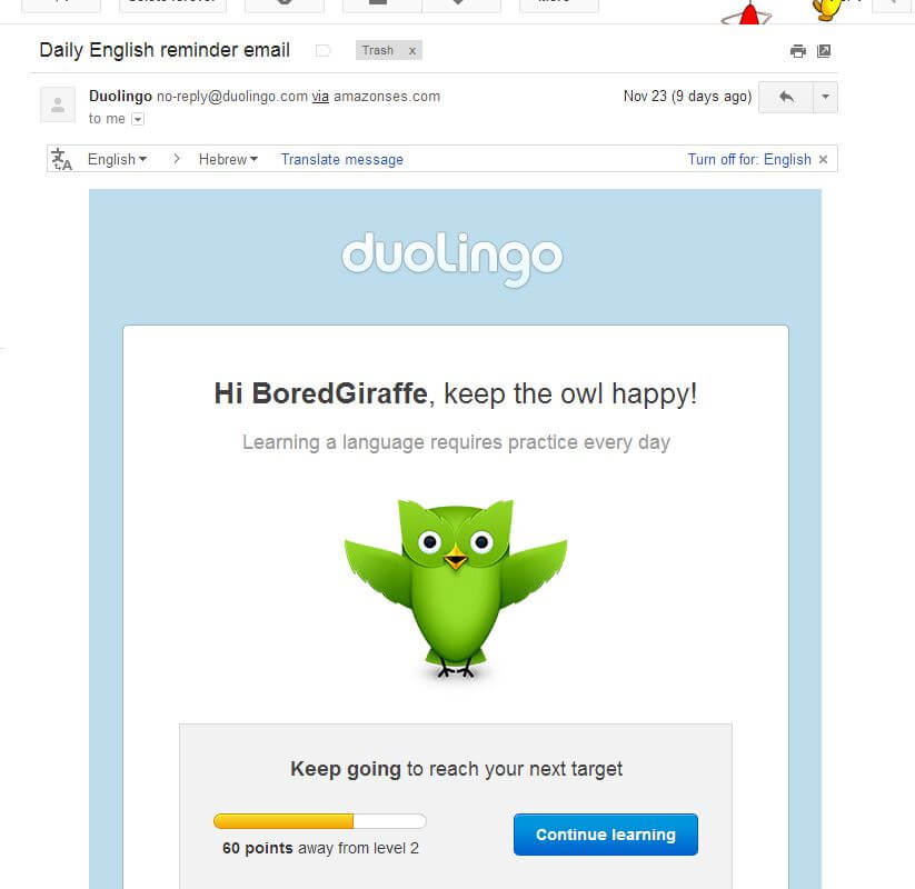 Duolingos progress bar email to get you to log back in