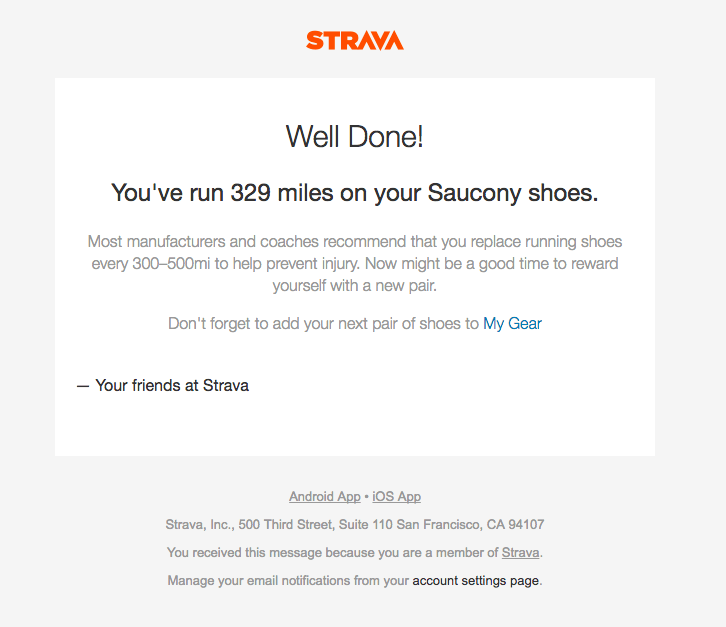 Stravas milestone email 