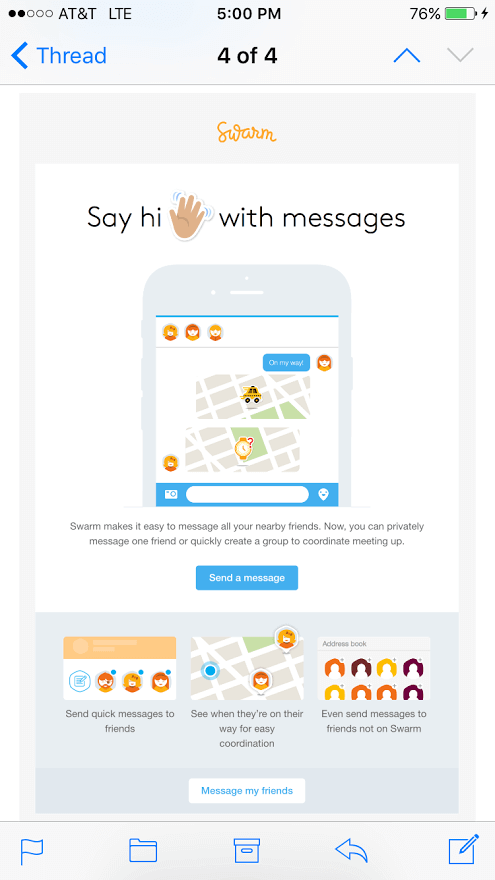 Swarms email introducing them to the chat feature