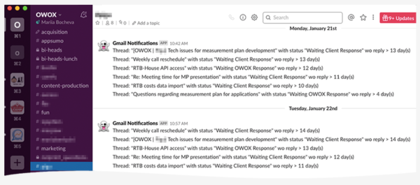 sample slack reminders for analytics team members.