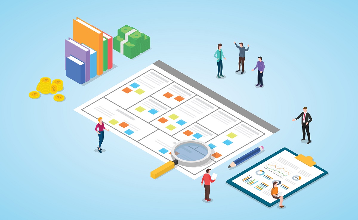 Key activities in business model canvas: business model canvas concept with paper document and team people discussion meeting with modern isometric style - vector