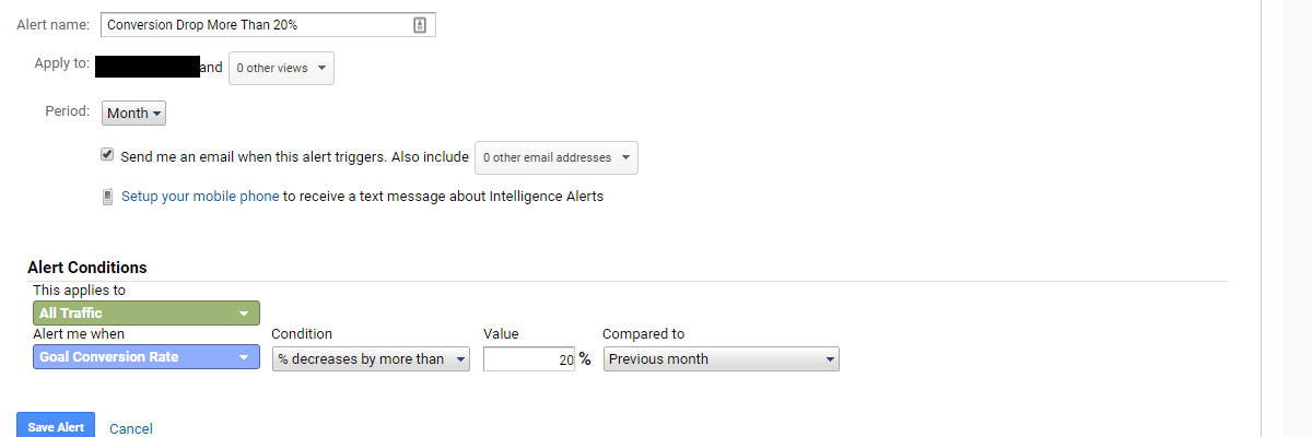 Custom Alert: conversion drop by more than 20%25