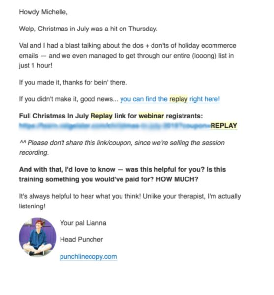 post-webinar email offering a replay of the webinar.