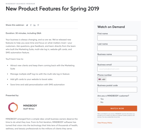 webinar sign-up page promoting new features.