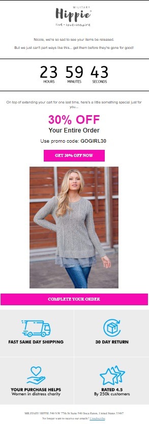 abandoment cart email example military hippie