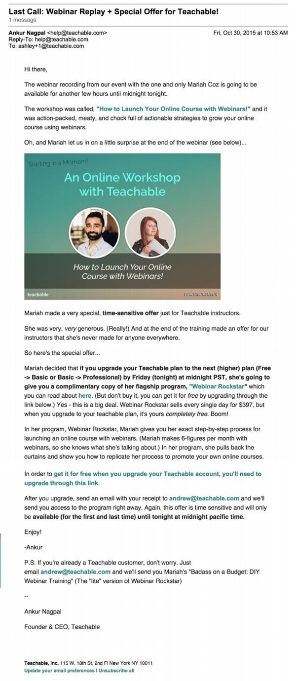 post-webinar email with a special offer.