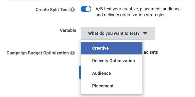 Facebook ads split testing drop-down