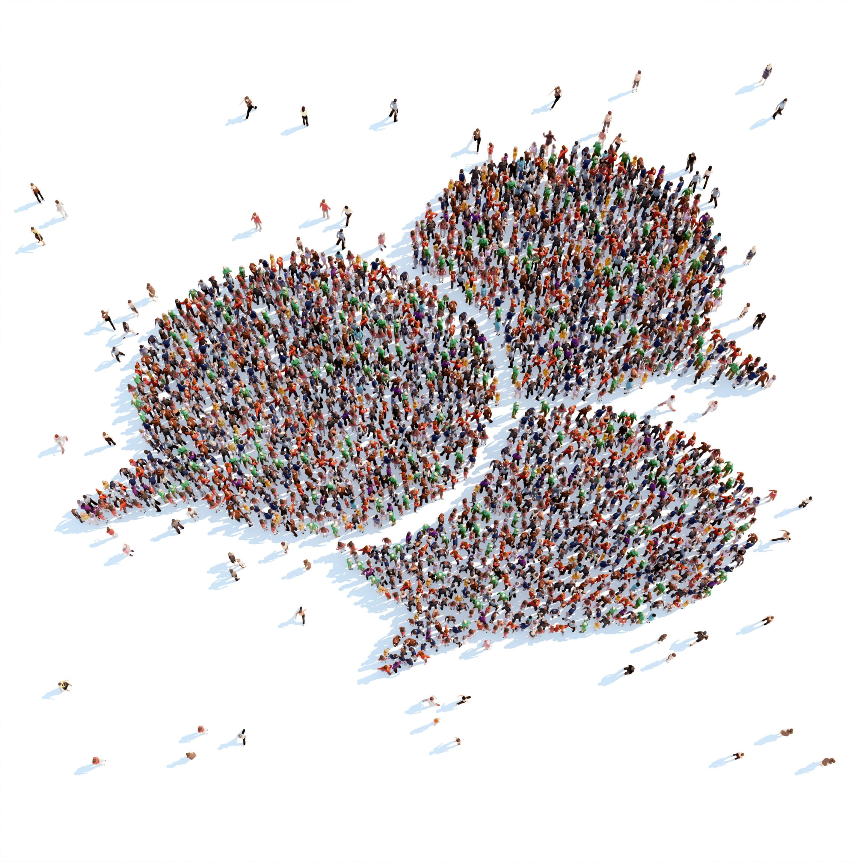 Large group of people in the shape of a chat bubble.