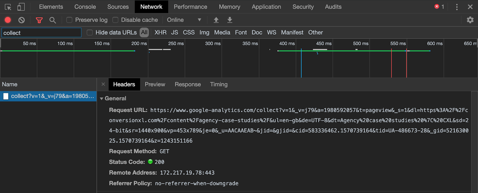 url that contains information thats sent to google analytics.