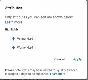 Google My Business attributes options