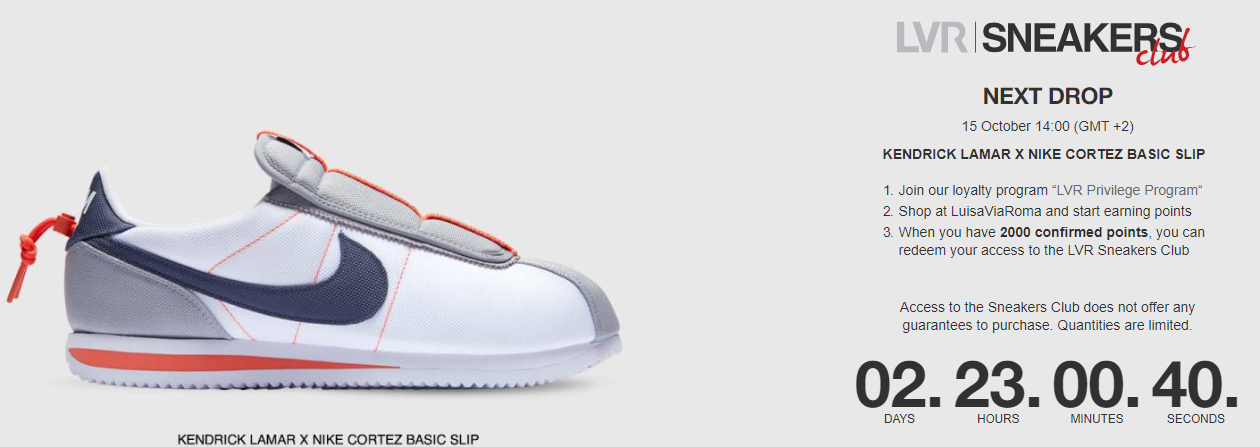 LuisaViaRoma’s Sneaker’s Club is a genius way to engage customers. Prompts members to use their points, and the early access feature is a cost-effective incentive. Read more about LVR’s award-winning loyalty program.