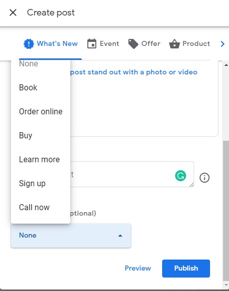 Call to Action options on Google My Business Listing free posts