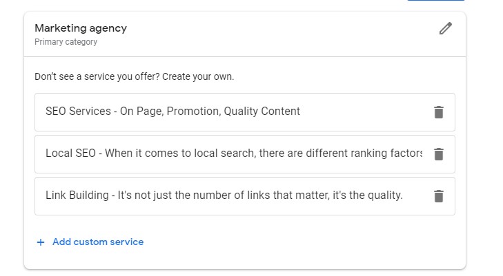 Products section on Google My Business Listing where to add custom service
