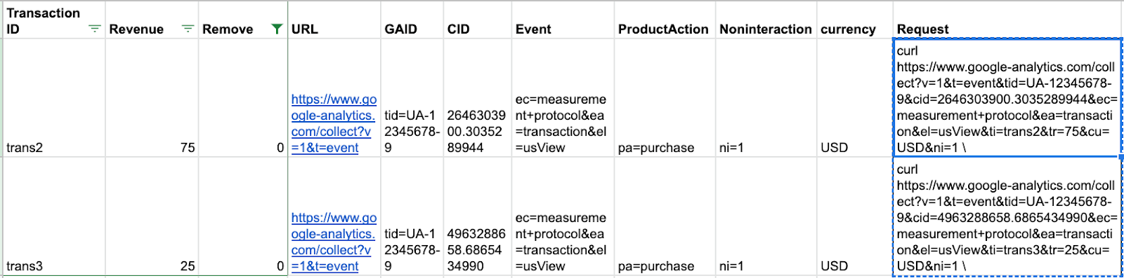 spreadsheet with curl request data for measurement protocol upload.