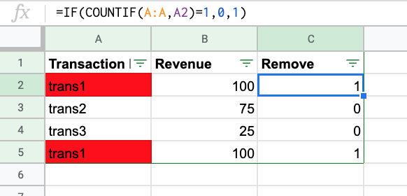removing duplicate transactions from spreadsheet data.