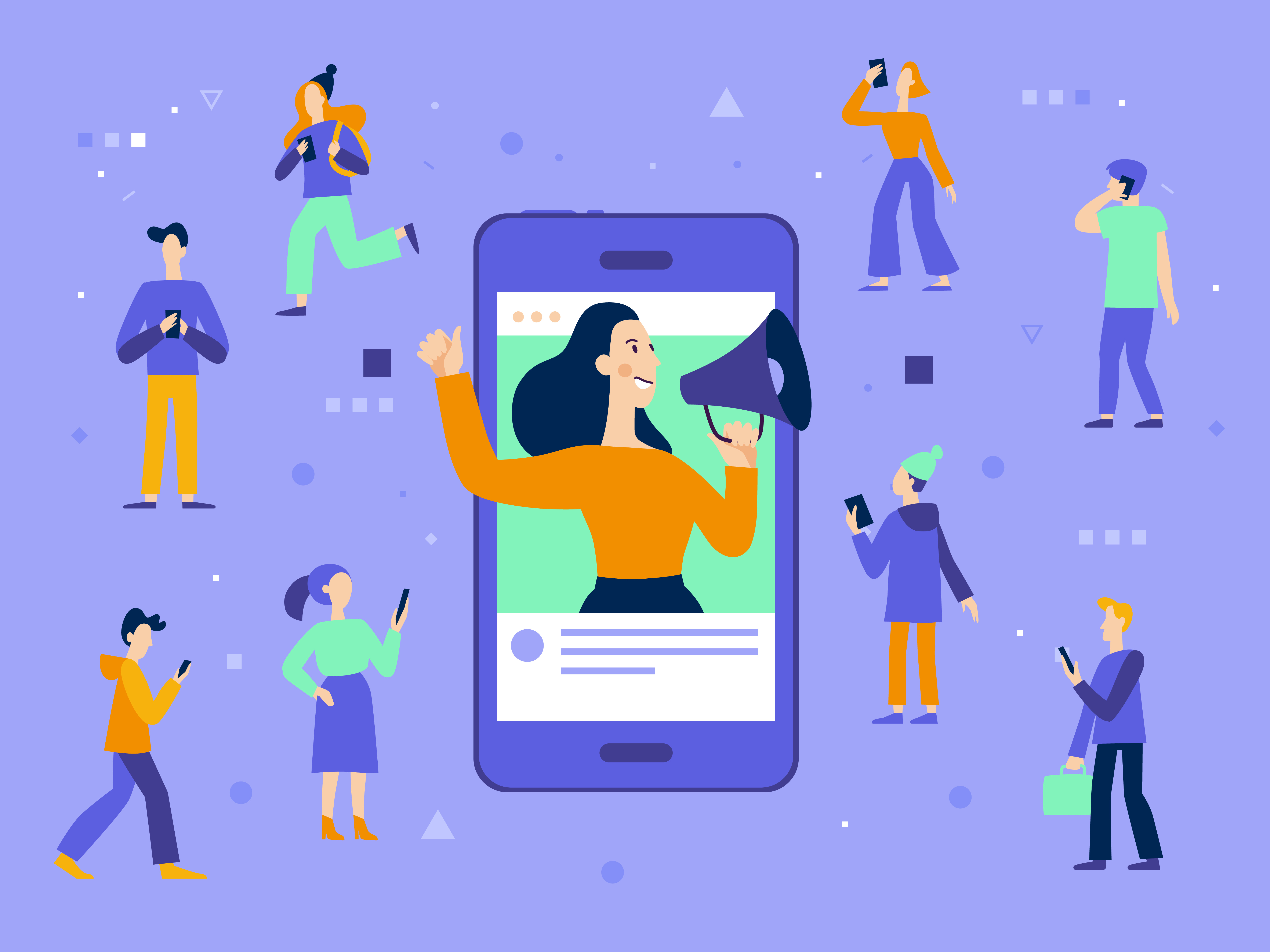 Cartoon woman inside phone shouting through bull horn to capture attention of people around her. 