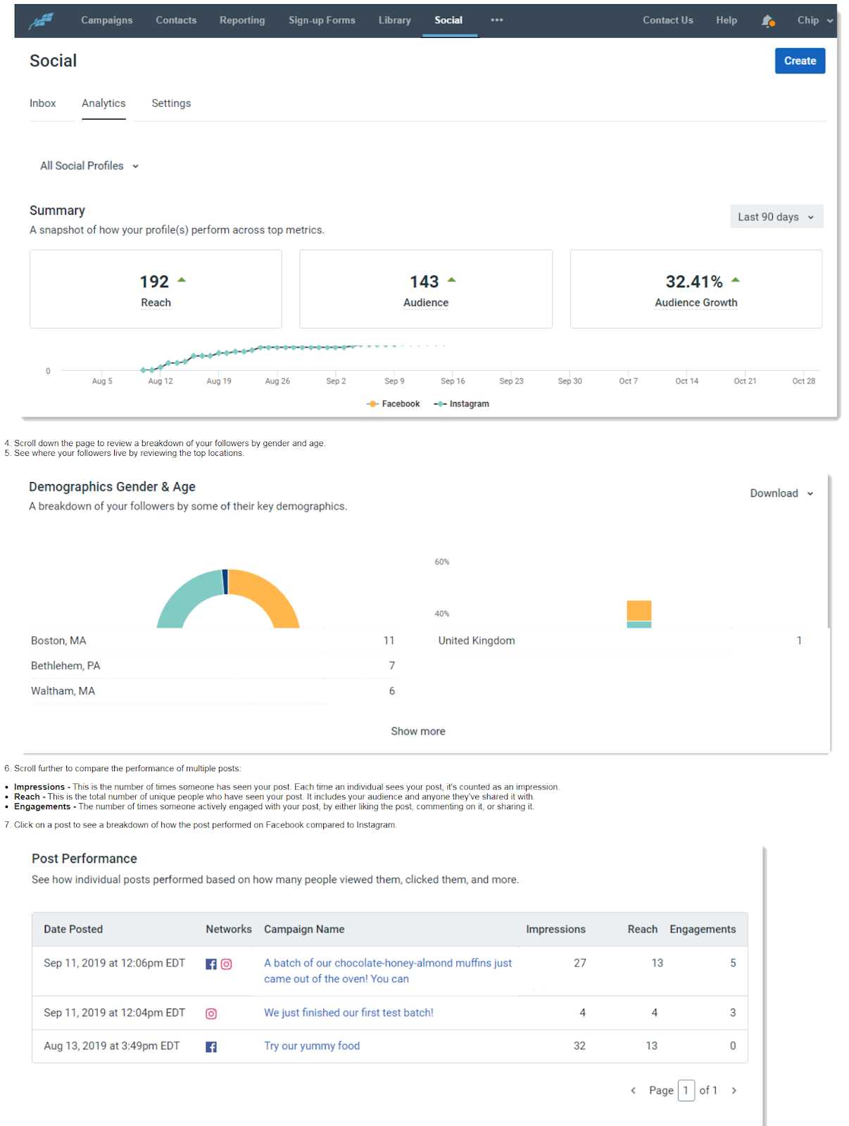 constant contact facebook and instagram social media metrics, post analytics, measuring social media engagements