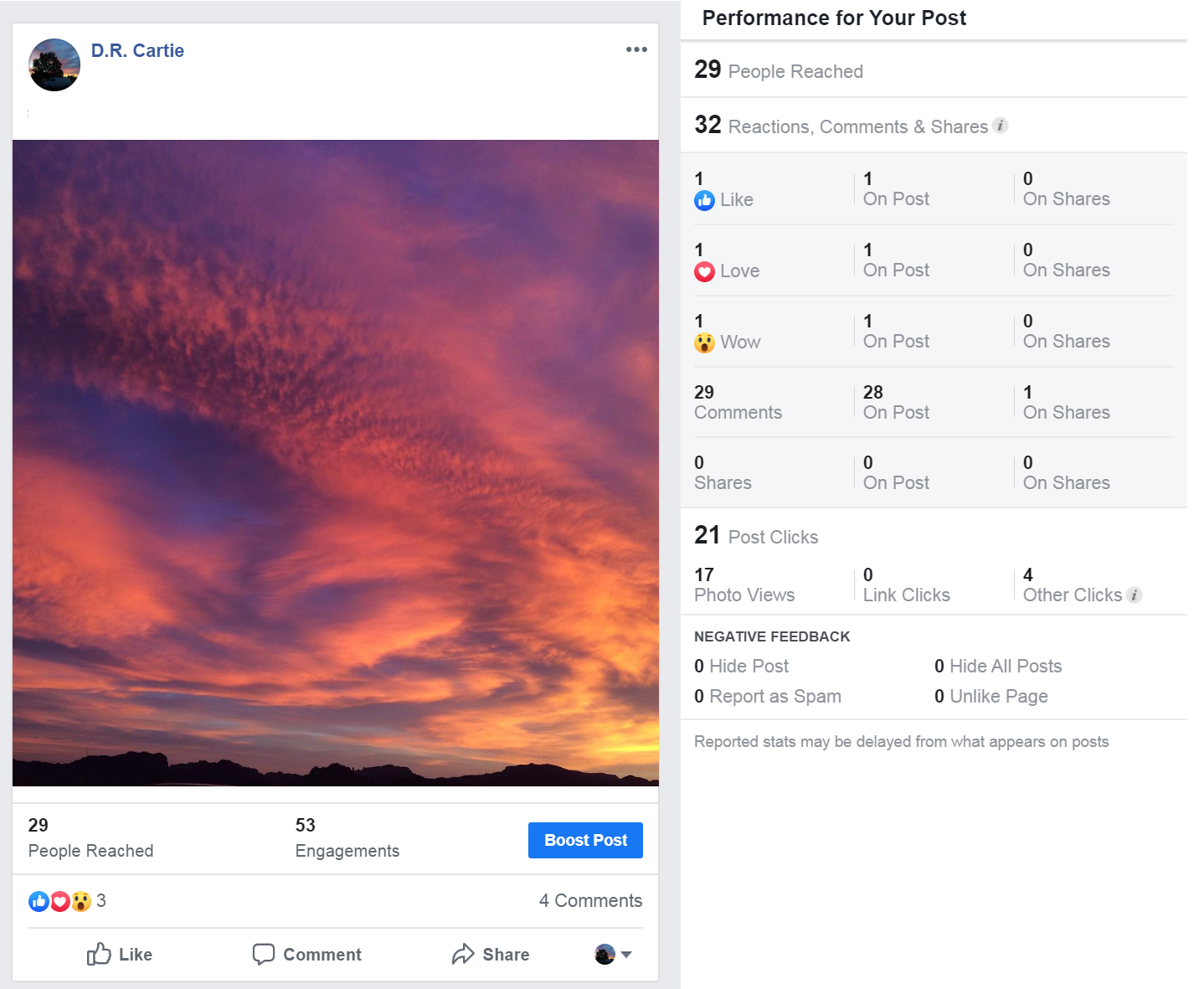 example of social media metrics, facebook post analytics, measuring social media engagements