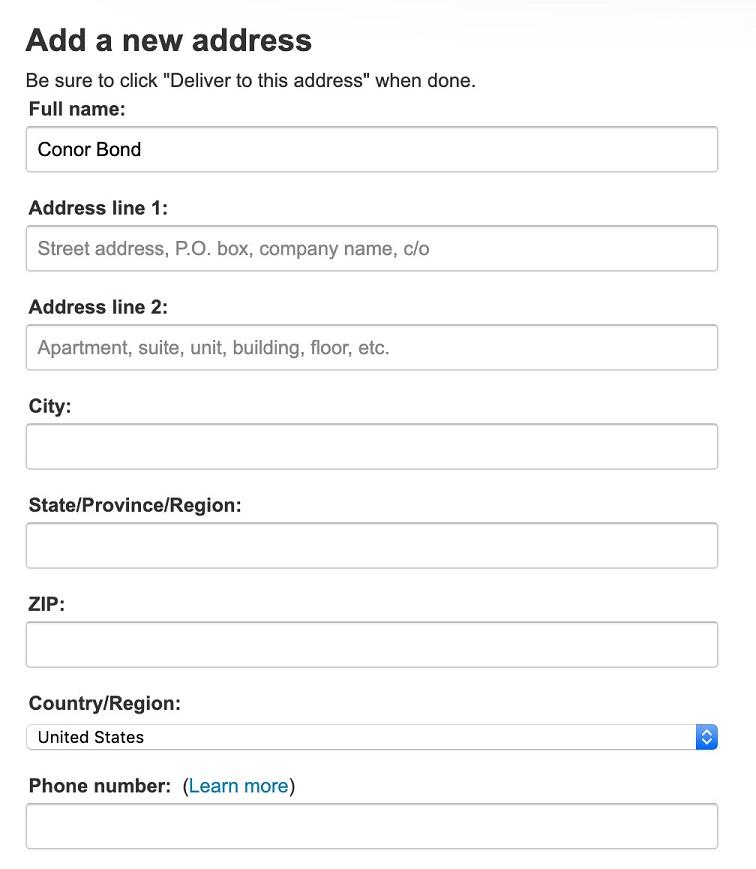 form fill for shipping name, address, and other info