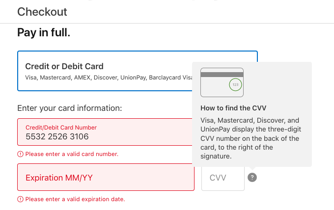 checkout error messages