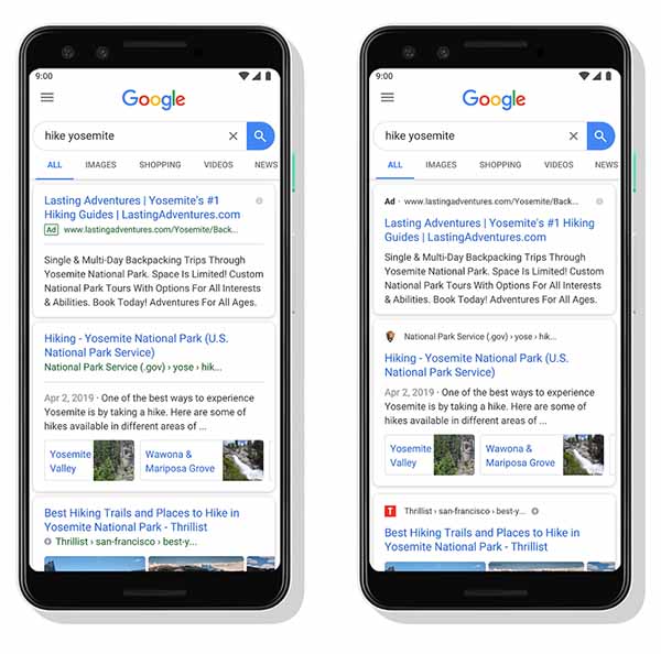 Google results showing before and after favicons being displayed 
