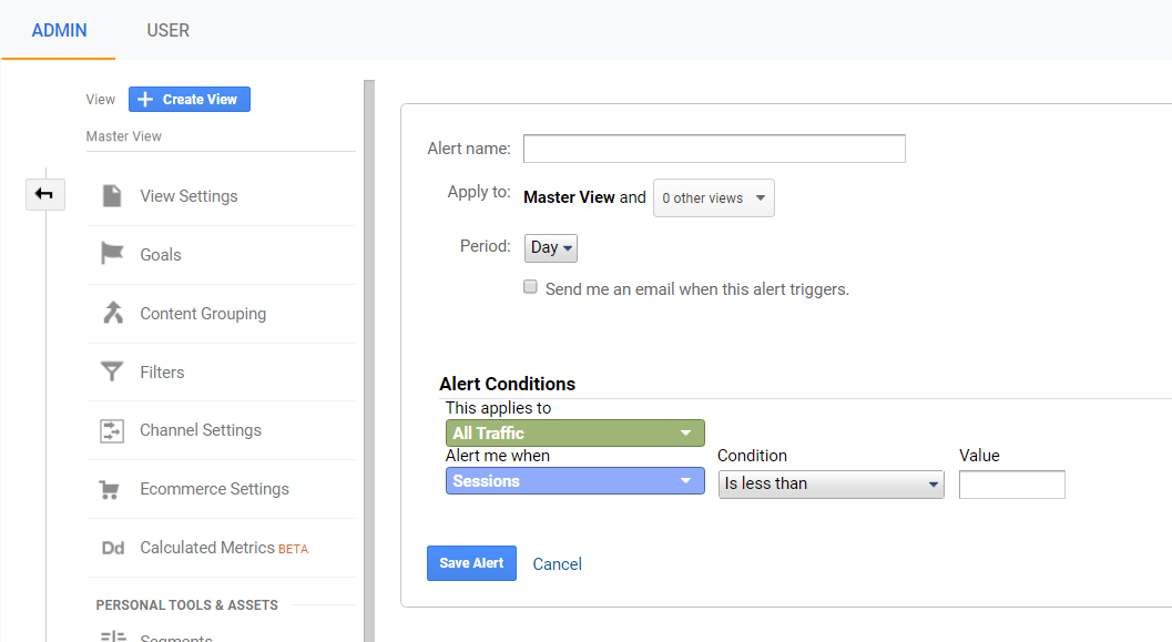 creating a custom alert in google analytics.