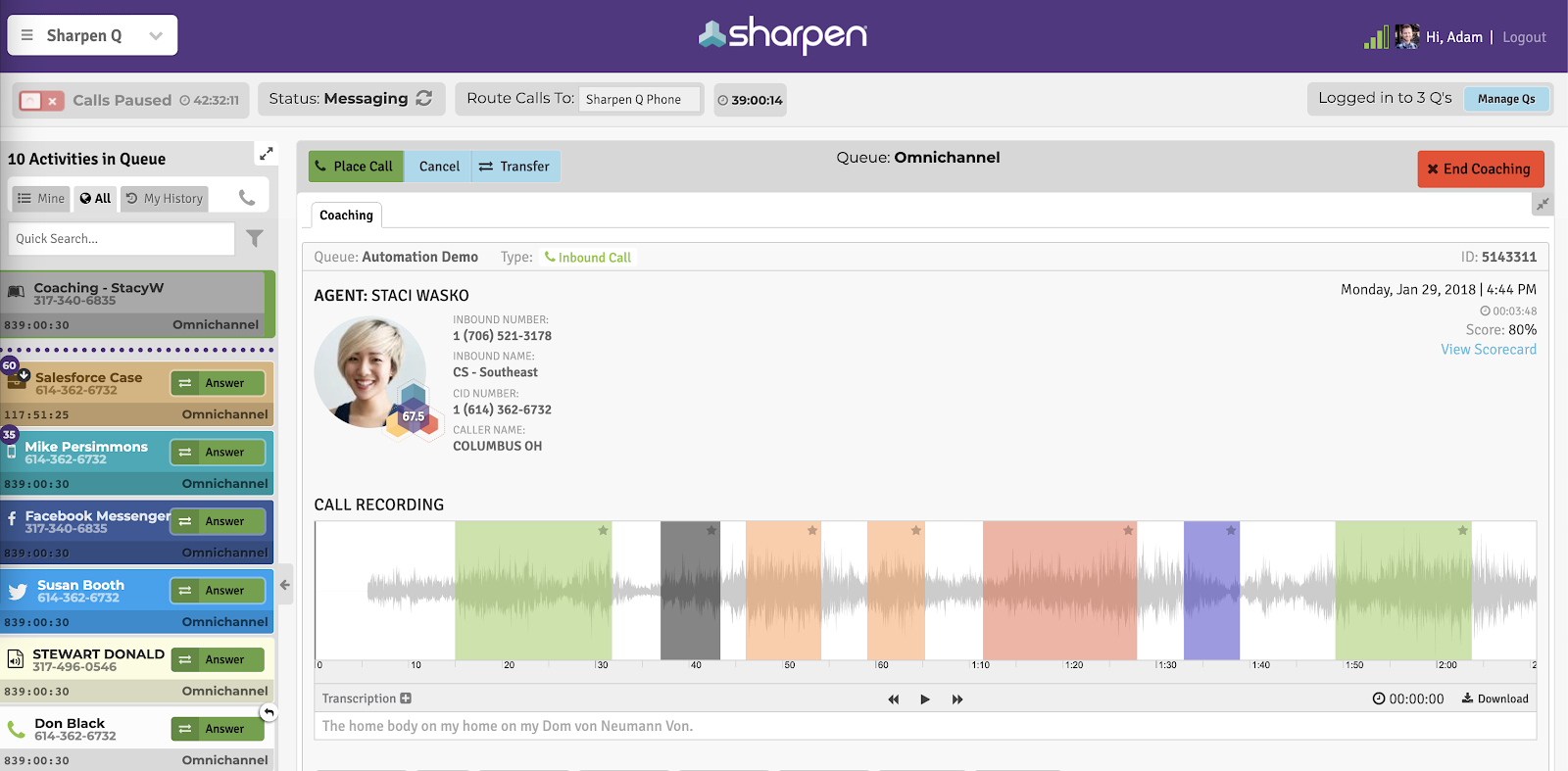 Send coaching interactions to your call center queues