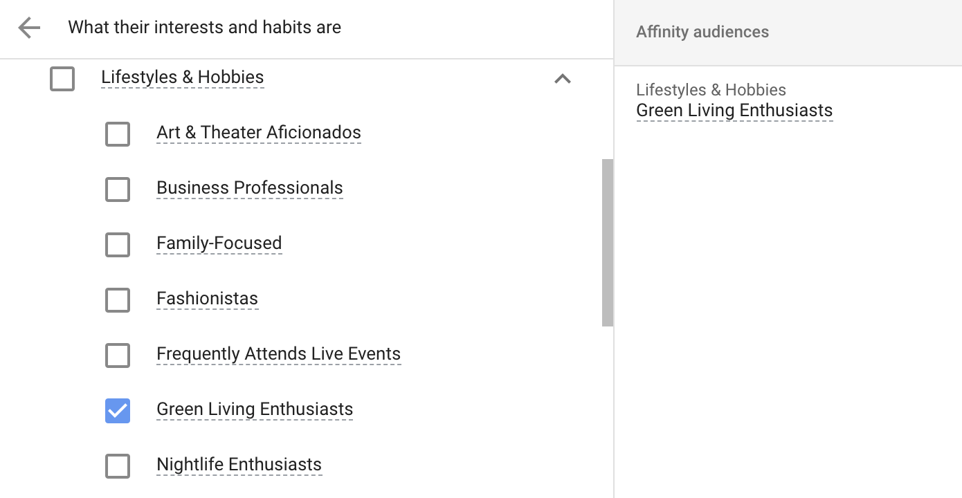 Affinity audiences targeting in paid search example