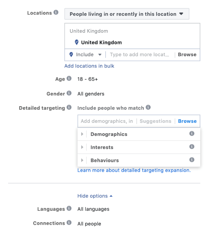 detailed targeting section in facebook advertising