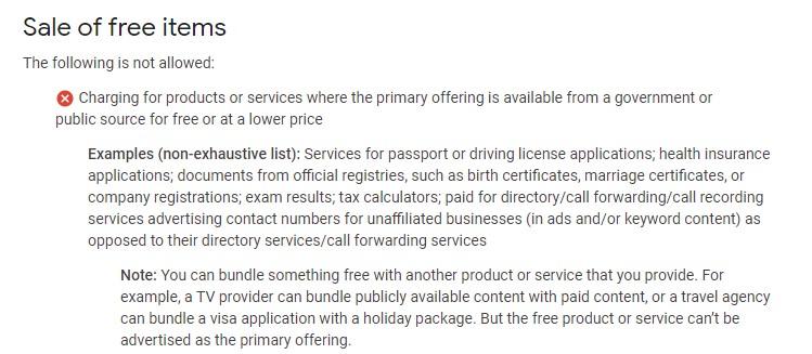 Googles free items policy