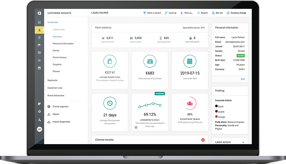 Antavo’s Loyalty AI framework also includes the Smart Audiences tool. This feature helps you understand correlations between customer actions and predicted values, giving you valuable insights on those who are most at risk of churning. 