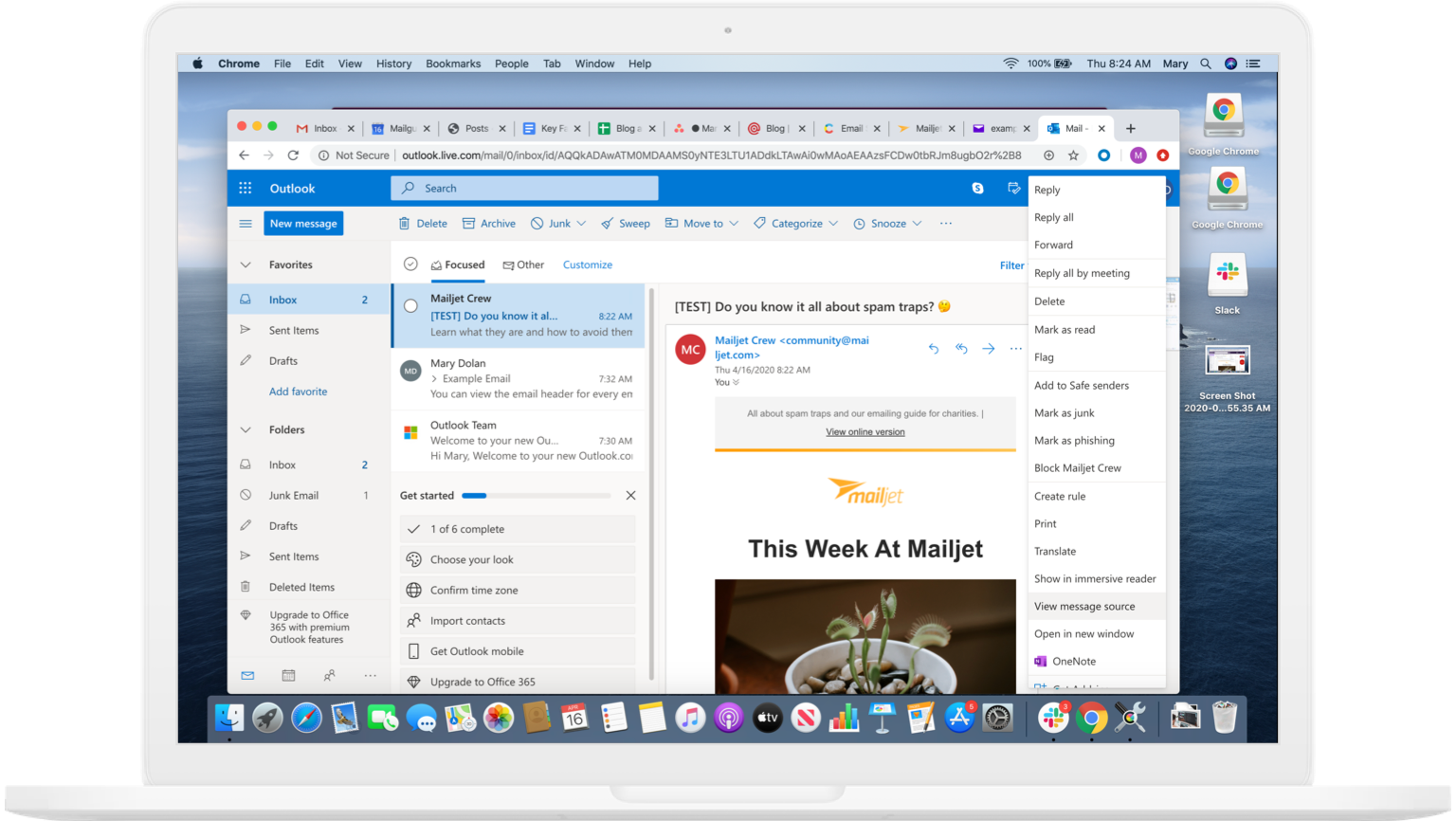 Show email header on Microsoft Outlook website