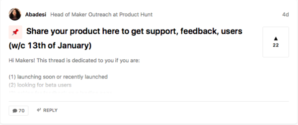 Product Hunt community forum discussion